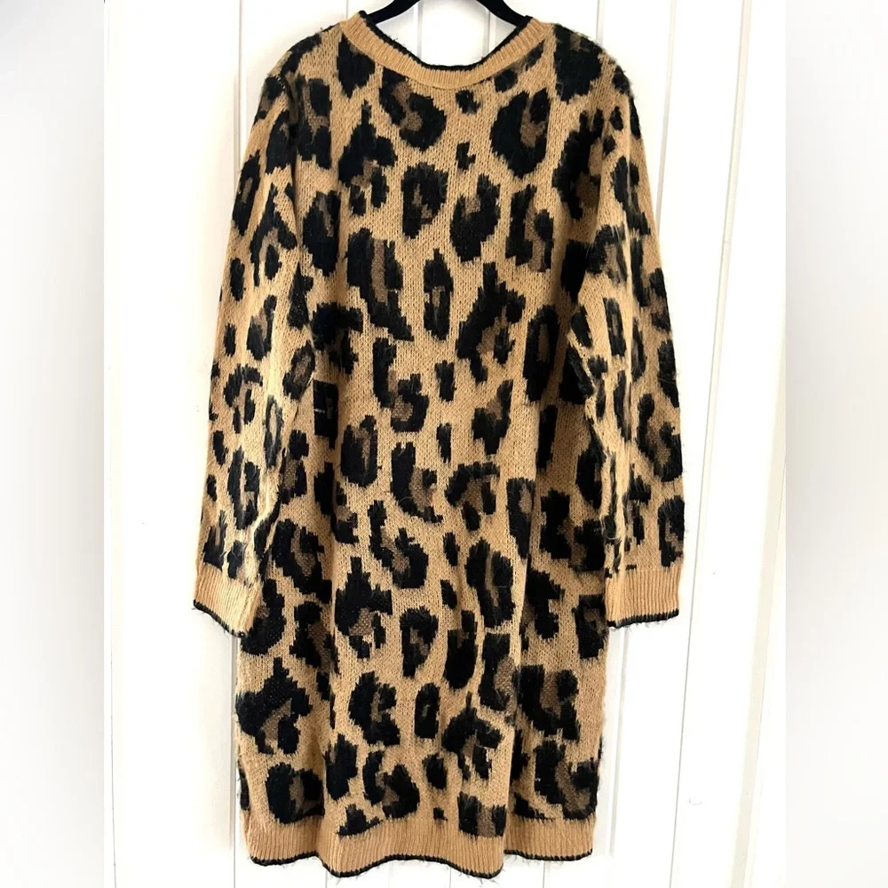 Umgee Black/Tan Animal Print Knit Sweater Dress, Sz XL (P2P 24”) - Picture 2 of 5